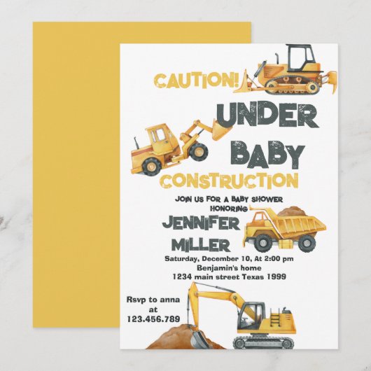 Bouw Gele Dump Truck Digger Baby shower Kaart (Voorkant / Achterkant)