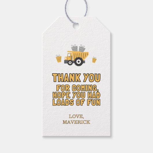 Bouw Gele Jongens Dump Truck Verjaardag Cadeaulabel (Voorkant)