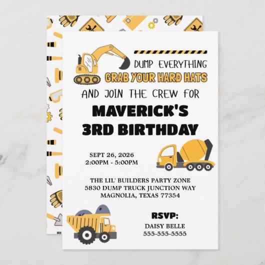 Bouw Gele Jongens Dump Truck Verjaardag Kaart (Voorkant / Achterkant)