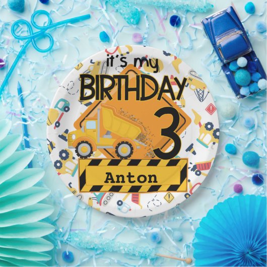 Bouw gele vrachtwagens auto 3e verjaardag papieren bordje (Feest)