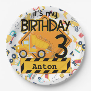 Bouw gele vrachtwagens auto 3e verjaardag papieren bordje