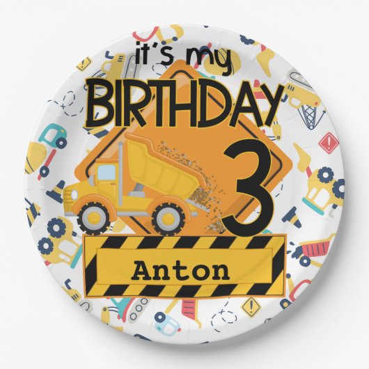 Bouw gele vrachtwagens auto 3e verjaardag papieren bordje (Voorkant)