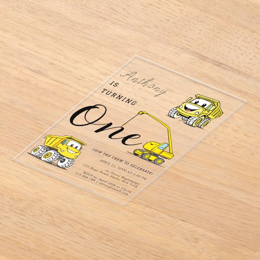 Bouw Grappige Voertuigen Jongens 1e verjaardag Acryl Uitnodigingen (Laagn)