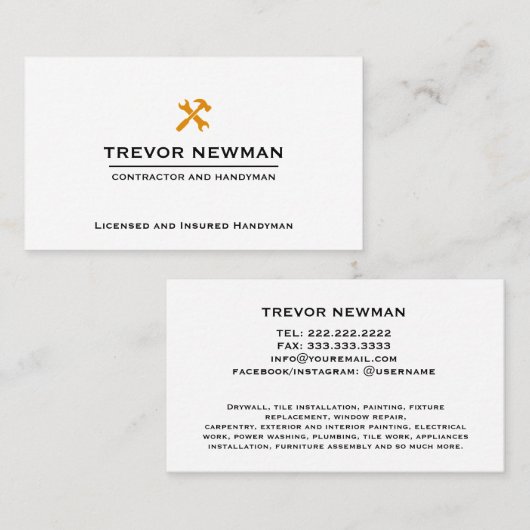 Bouw Handyman Carpenter SINAASAPPEL Gereedschap Visitekaartje (Voorkant / Achterkant)