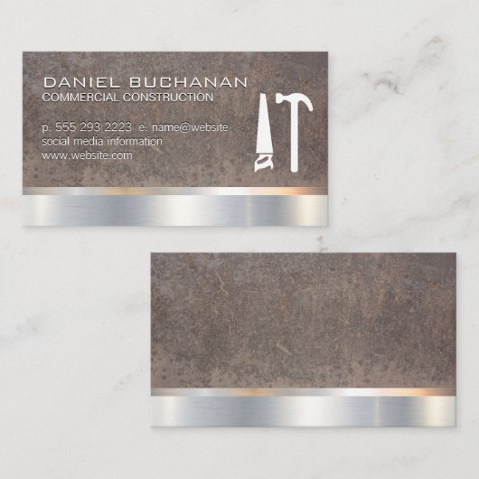 Bouw | Hout Metaal | Zaag Hamer | Metaal Visitekaartje (Voorkant / Achterkant)