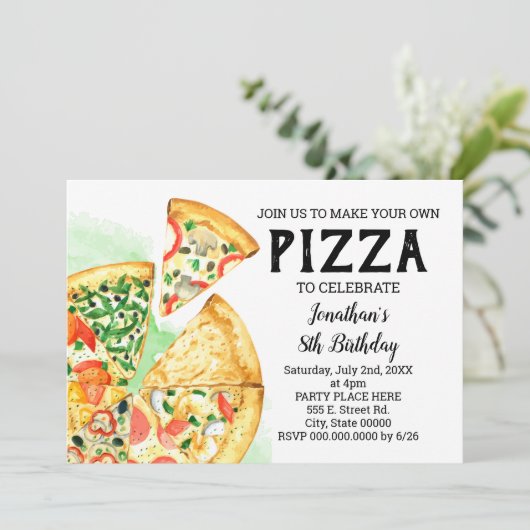 Bouw je pizza verjaardagsfeestje zomerbash kaart (Staand voorkant)