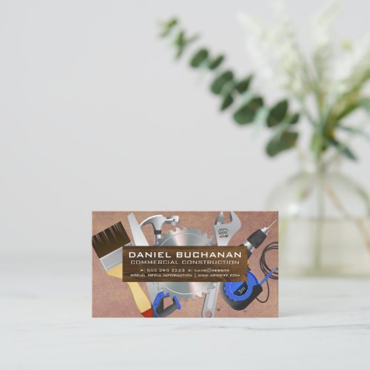 Bouw Power Tools | Houten plank Visitekaartje (Staand voorkant)