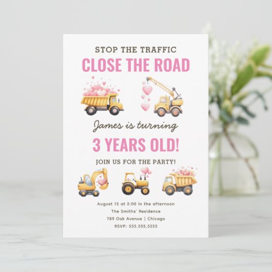 Bouw Roze Vrachtwagen Hart Verjaardag Uitnodiging (Staand voorkant)