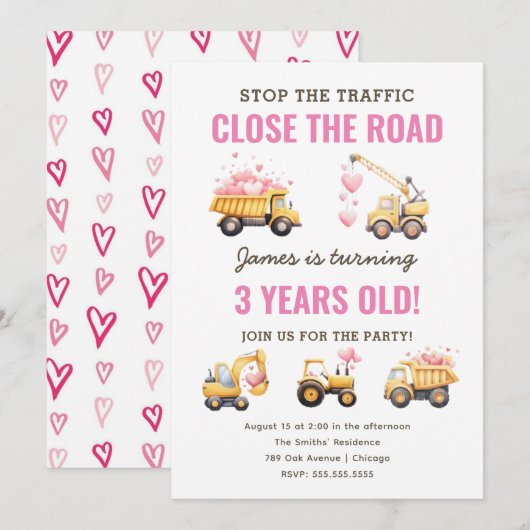 Bouw Roze Vrachtwagen Hart Verjaardag Uitnodiging (Voorkant / Achterkant)