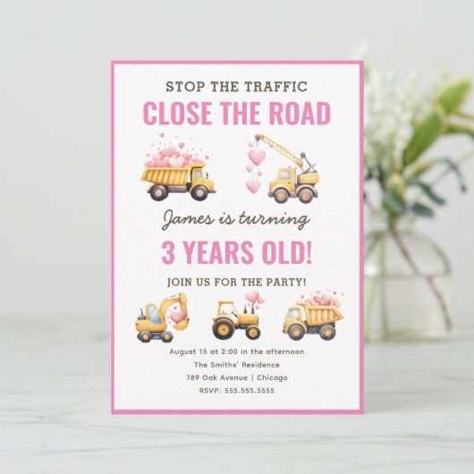 Bouw Roze Vrachtwagen Hart Verjaardag Uitnodiging (Staand voorkant)