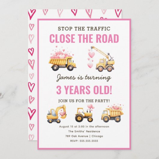 Bouw Roze Vrachtwagen Hart Verjaardag Uitnodiging (Voorkant / Achterkant)