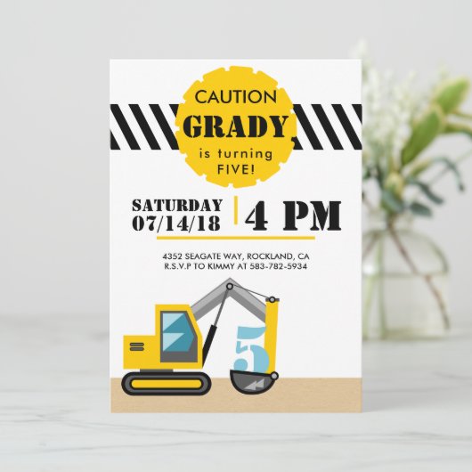 Bouw Thema Graafmachine Zwart en Geel 5e Kaart (Staand voorkant)