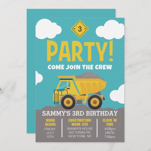 Bouw Thema Party Uitnodiging voor Jongen (Voorkant / Achterkant)