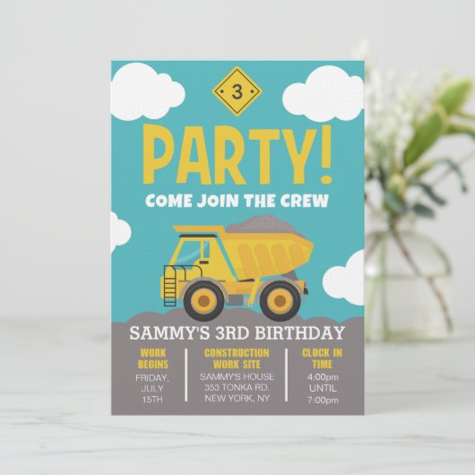 Bouw Thema Party Uitnodiging voor Jongen (Staand voorkant)