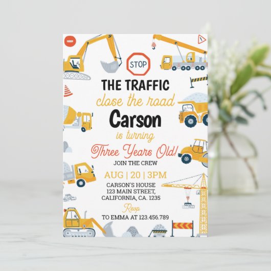 Bouw Truck Boy Verjaardag Uitnodiging (Staand voorkant)