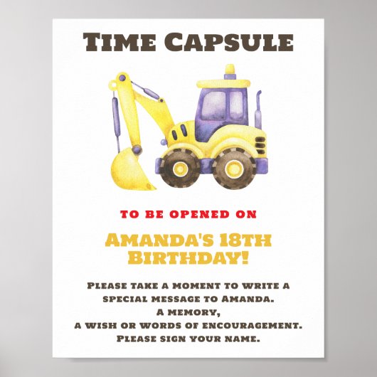 Bouw Truck Time Capsule 1e verjaardag Poster (Voorkant)