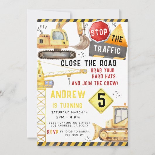 Bouw Trucks Graafmachine Bulldozer Verjaardag Kaart (Voorkant)