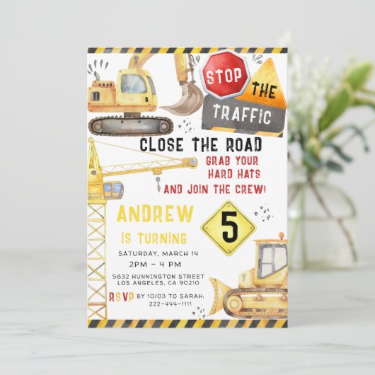 Bouw Trucks Graafmachine Bulldozer Verjaardag Kaart (Staand voorkant)