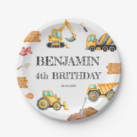 Bouw van bouwterrein — Truck Digger Birthday Party Papieren Bordje (Voorkant)