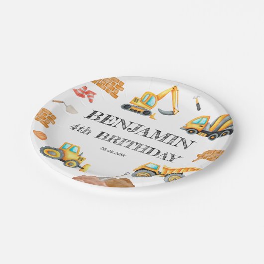 Bouw van bouwterrein — Truck Digger Birthday Party Papieren Bordje (Gekanteld)