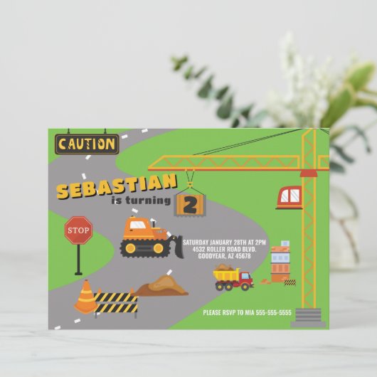 Bouw van bouwterrein - uitnodiging op zaterdag (Staand voorkant)