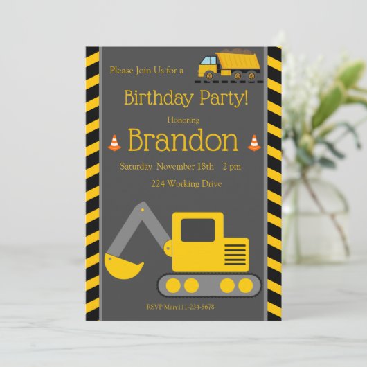 Bouw van de dag Uitnodiging, Bull Dozer Kaart (Staand voorkant)