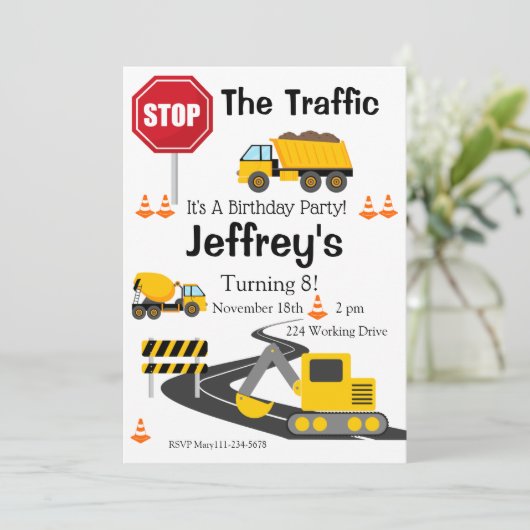 Bouw van de dag Uitnodiging, Bull Dozer Kaart (Staand voorkant)
