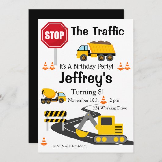 Bouw van de dag Uitnodiging, Bull Dozer Kaart (Voorkant / Achterkant)