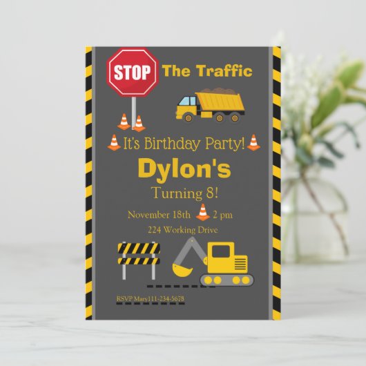 Bouw van de vogeldag Uitnodiging Bull Dozer Invi (Staand voorkant)