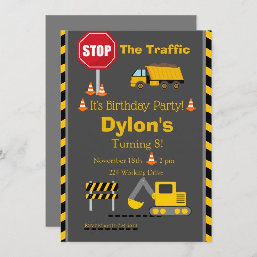 Bouw van de vogeldag Uitnodiging Bull Dozer Invi (Voorkant / Achterkant)