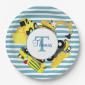 Bouw van een monogram met blauwe strepen papieren bordje (Voorkant)