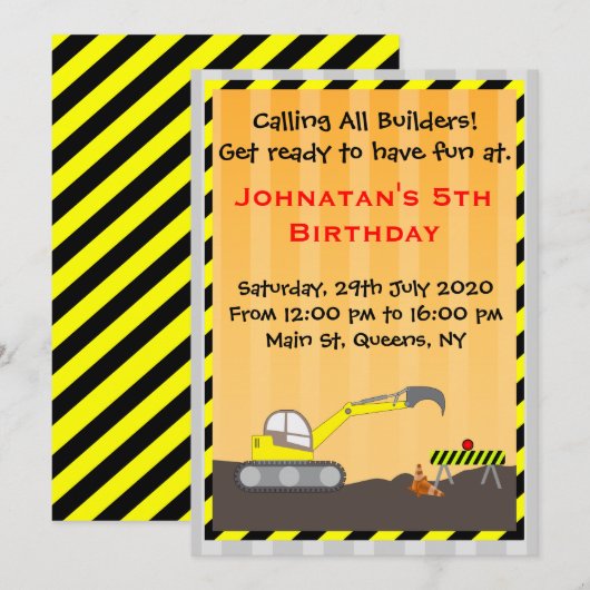 Bouw van graafmachines Vervroegde dag Kaart (Voorkant / Achterkant)