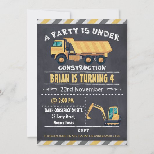 Bouw van vrachtwagen Chalkboard Birthday Uitnodigi Kaart (Voorkant)