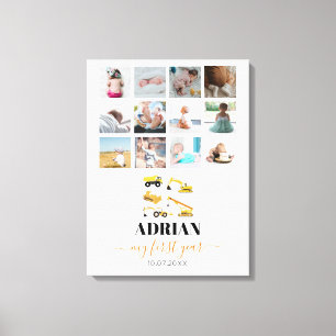 Bouw van vrachtwagens Baby Eerste jaar Foto collag Canvas Afdruk
