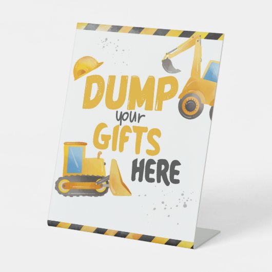 Bouw verjaardag - dump cadeaus hier reclamebord met voetstuk (Voorkant)