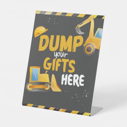 Bouw verjaardag - dump cadeaus hier reclamebord met voetstuk (Voorkant)