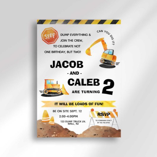 Bouw Verjaardag Tweeling Uitnodiging elke leeftijd