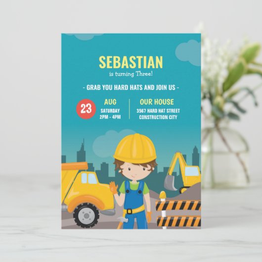 Bouw Verjaardag Uitnodiging Graafmachine (Staand voorkant)