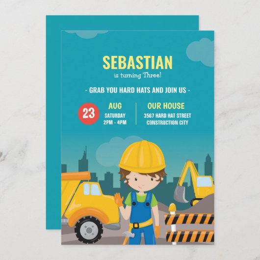 Bouw Verjaardag Uitnodiging Graafmachine (Voorkant / Achterkant)