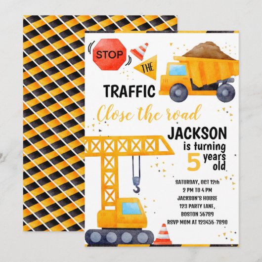 Bouw Verjaardag Uitnodiging Graafmachine Uitnodige (Voorkant / Achterkant)