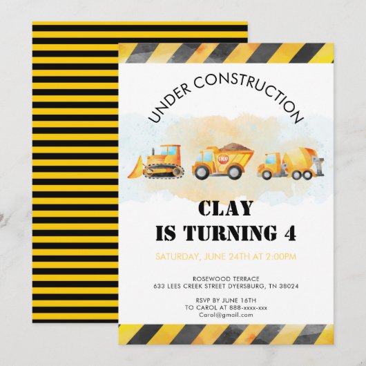 Bouw Verjaardag Uitnodiging Vrachtwagen Verjaardag (Voorkant / Achterkant)