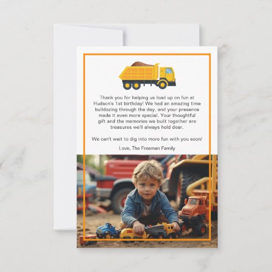 Bouw Verjaardags Dankkaart – Gele Dump Bedankkaart (Voorkant)