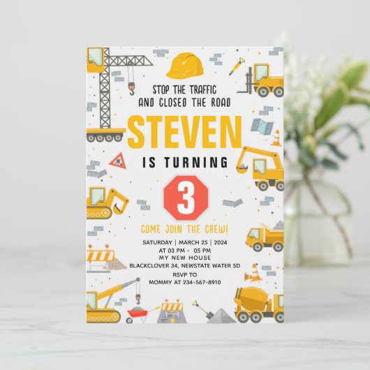 Bouw Verjaardagsfeest bewerkbare uitnodiging (Staand voorkant)