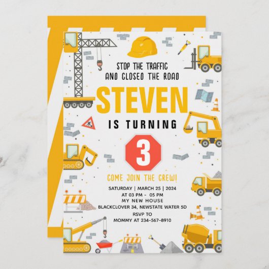 Bouw Verjaardagsfeest bewerkbare uitnodiging (Voorkant / Achterkant)