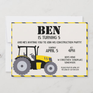 Bouw verjaardagsfeest tractor geel grijs kaart