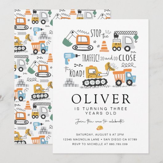 Bouw Verjaardagsfeest Uitnodiging · Dump Truck (Voorkant / Achterkant)