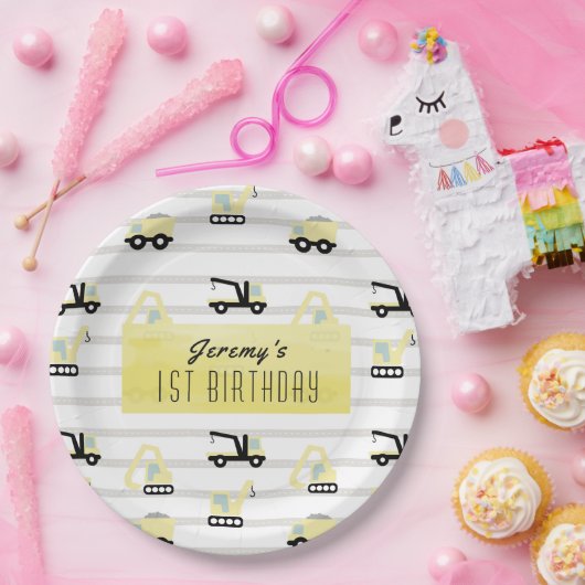 Bouw voertuig Patroon Witte verjaardag Papieren Bordje (Feest)