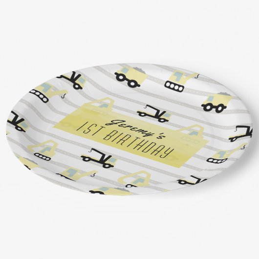 Bouw voertuig Patroon Witte verjaardag Papieren Bordje (Gekanteld)