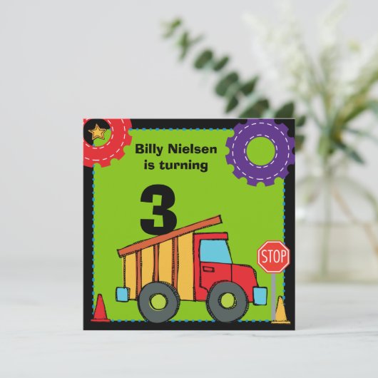 Bouw voertuigen pomp vrachtwagen zaterdag uitnodig kaart (Staand voorkant)