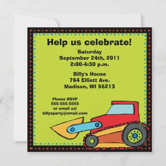 Bouw voertuigen pomp vrachtwagen zaterdag uitnodig kaart (Achterkant)